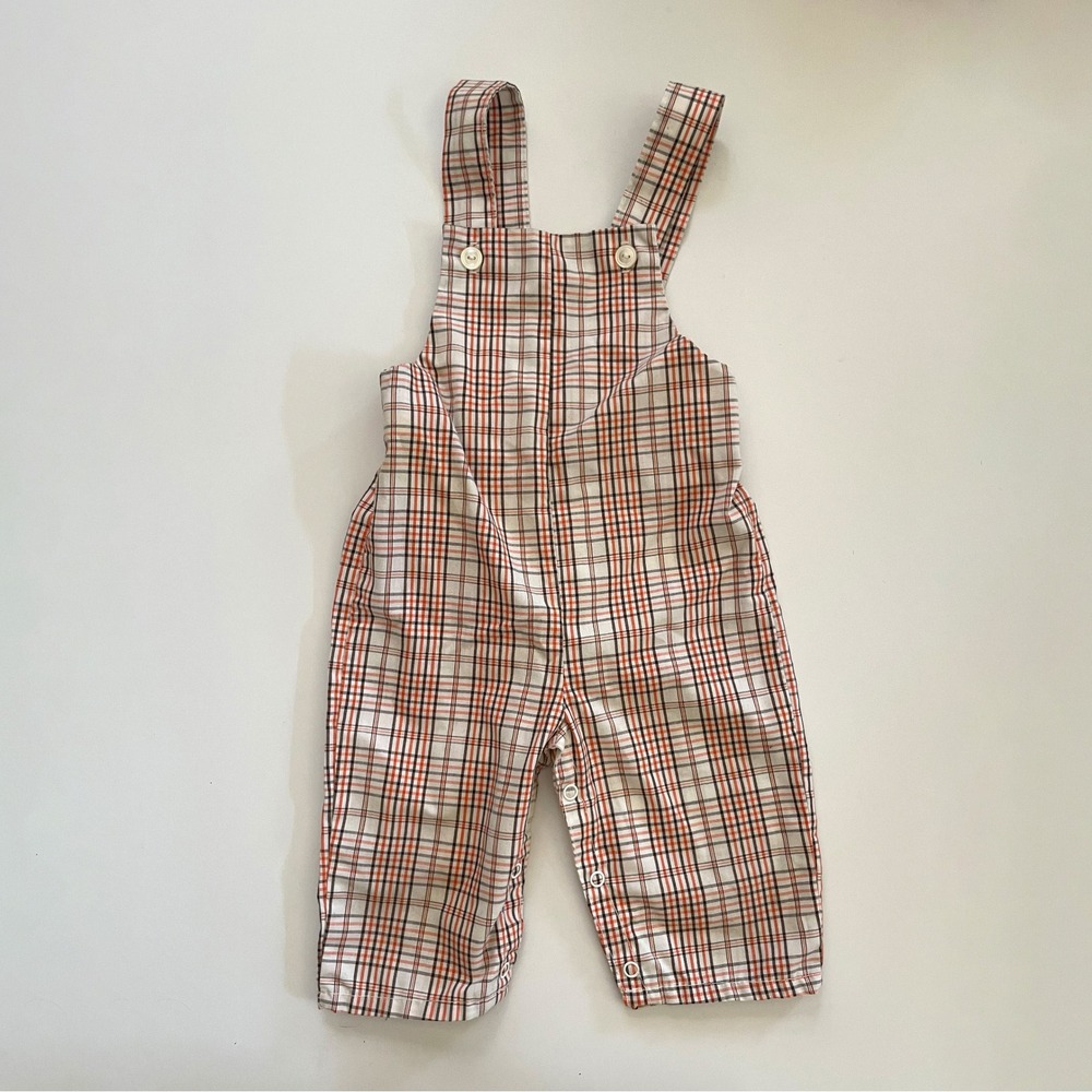 Vintage Handmade Kids Plaid Overalls Retro 60s Orange Brown Snap Crotch 12-18M